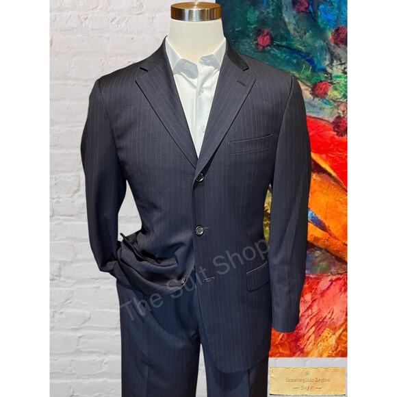 Ermenegildo Zegna 40R 32x31 Navy Blue Burnt Orange Stripe Natural Comfort Suit - Picture 1 of 16